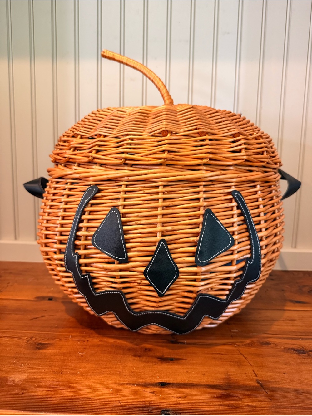🎃 Jack-o-Lantern Woven Wicker Picnic Basket Pumpkin Halloween Fall - Picture 3 of 11